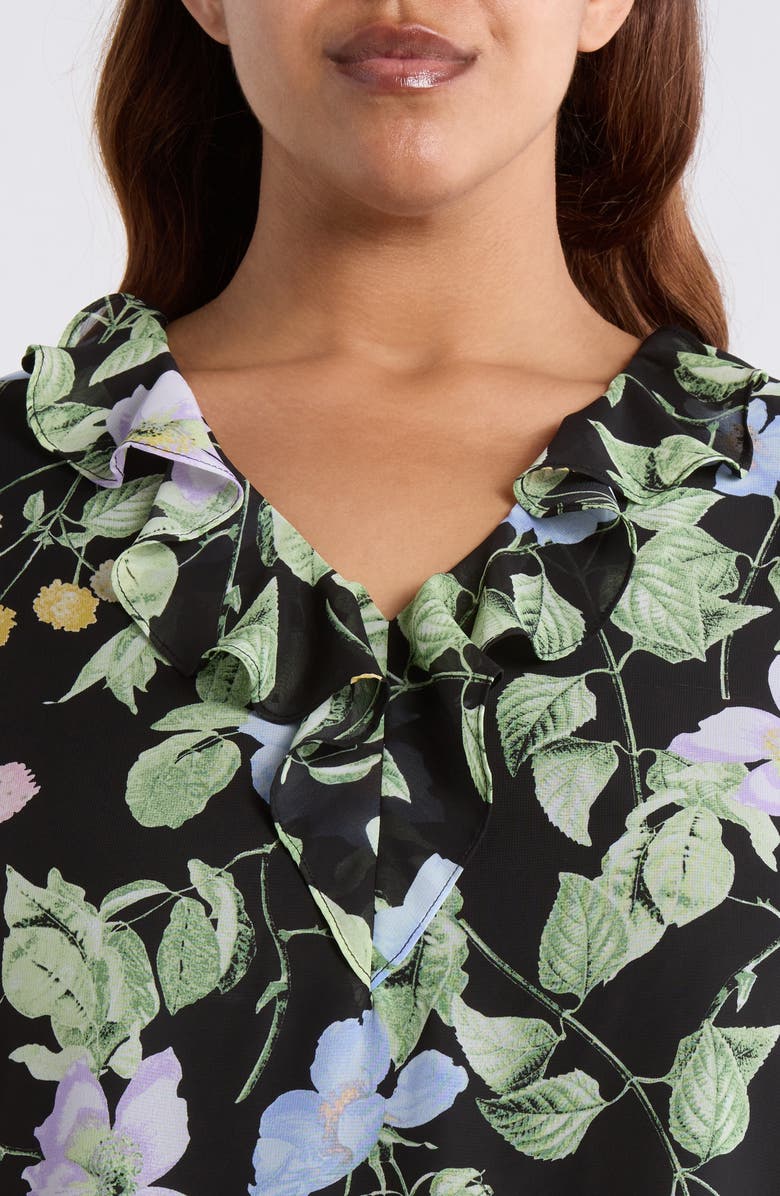KASPER Floral Print Ruffle Shirt, Alternate, color, Black Multi