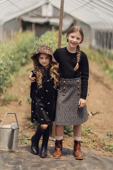 Long-Sleeve Embroidered Velour Dress, Smocked Ruffle Neck