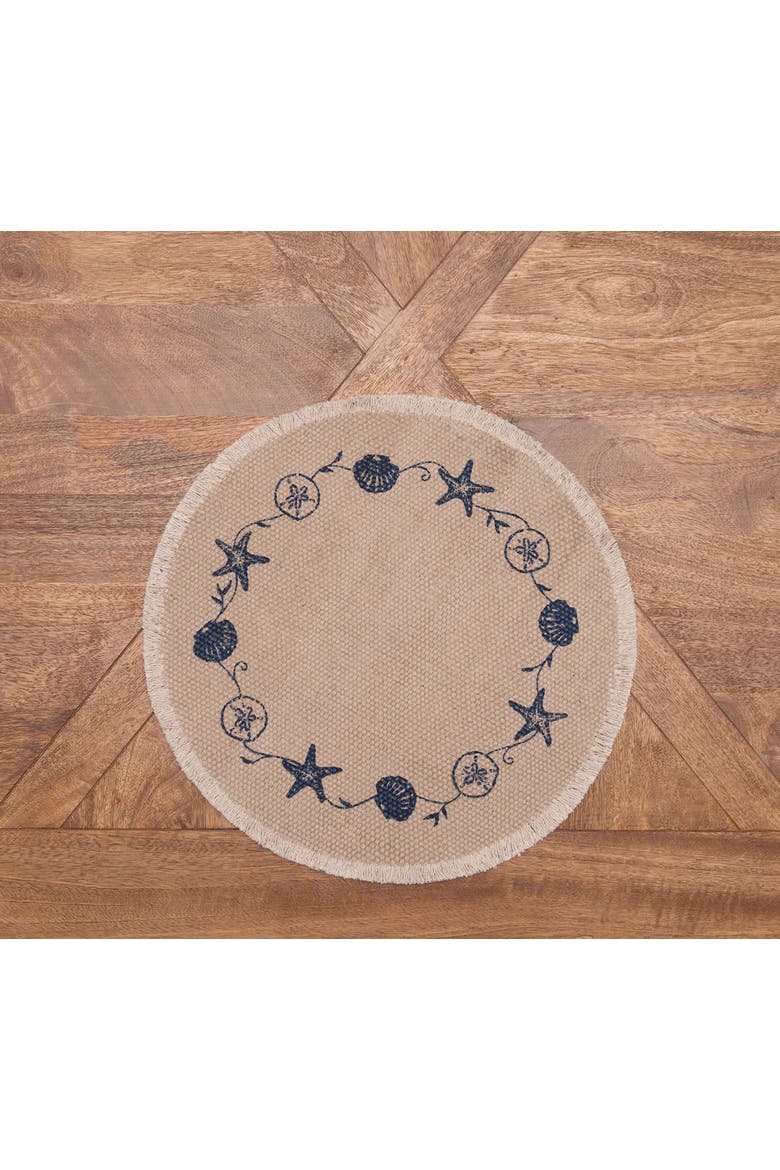 Fringed Blue Shell Printed Round Set of 6 Placemats 15", Alternate, color, Beige