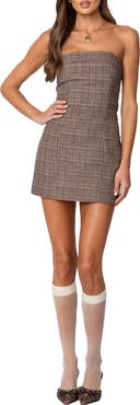 EDIKTED Boss Mode Strapless Plaid Minidress