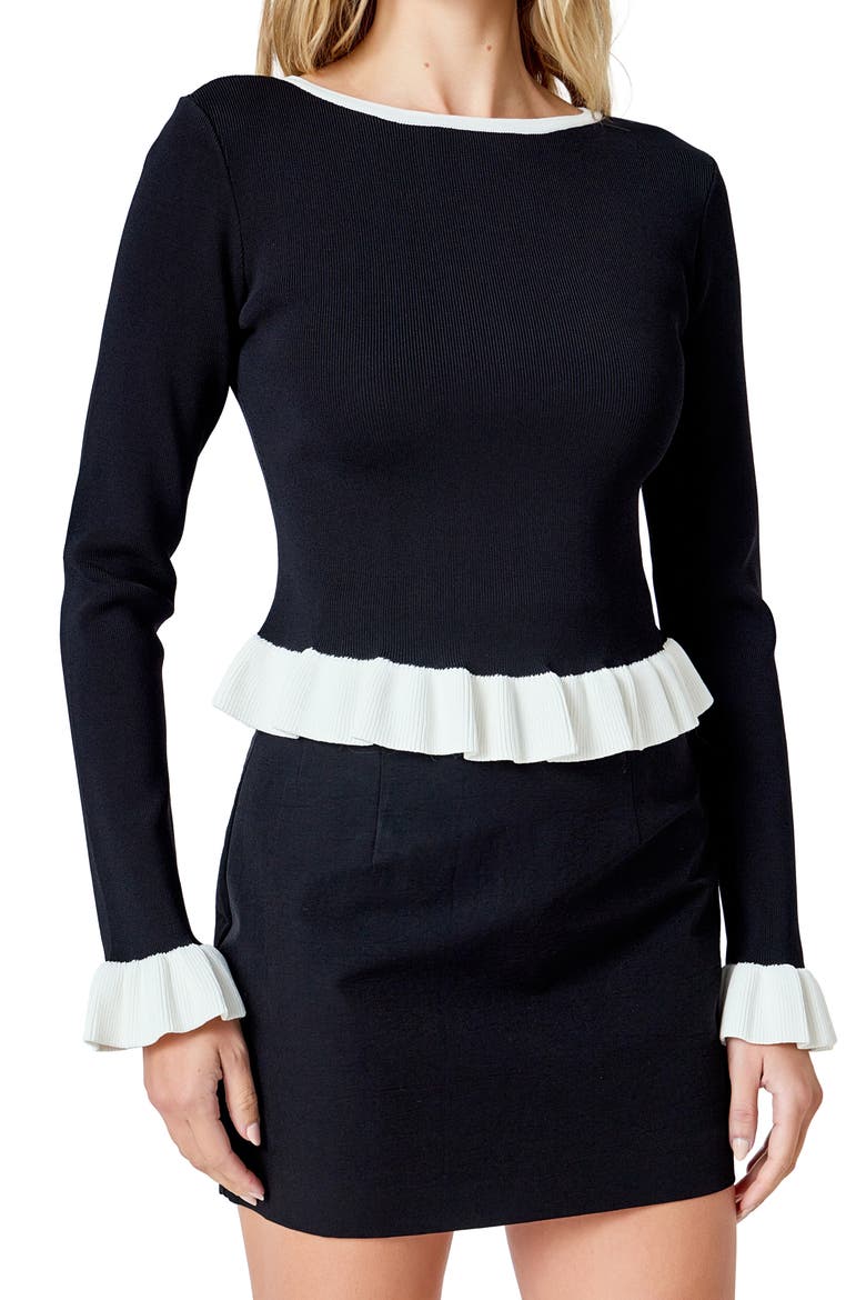 Rib Contrast Ruffle Trim Top, Alternate, color, BLACK