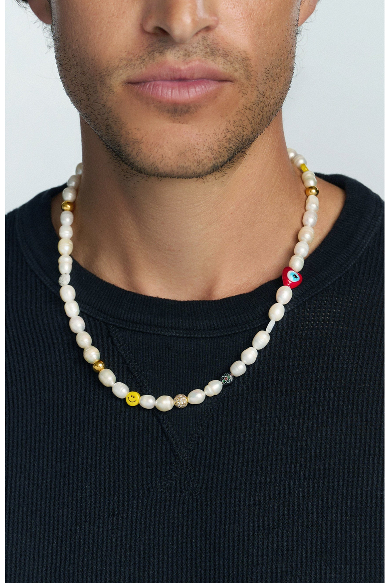 Smiley Face Pearl Necklace, Alternate, color, White