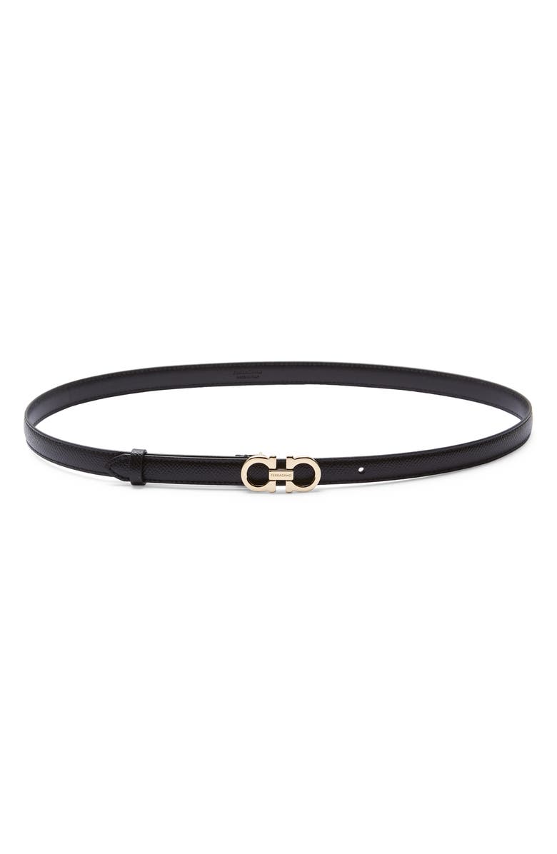 FERRAGAMO Double Gancio Leather Skinny Belt, Main, color, Nero