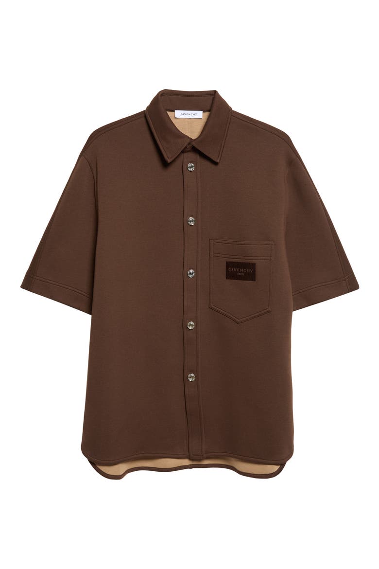 Short Sleeve Cotton Blend Scuba Knit Button-Up Shirt, Main, color, BROWN