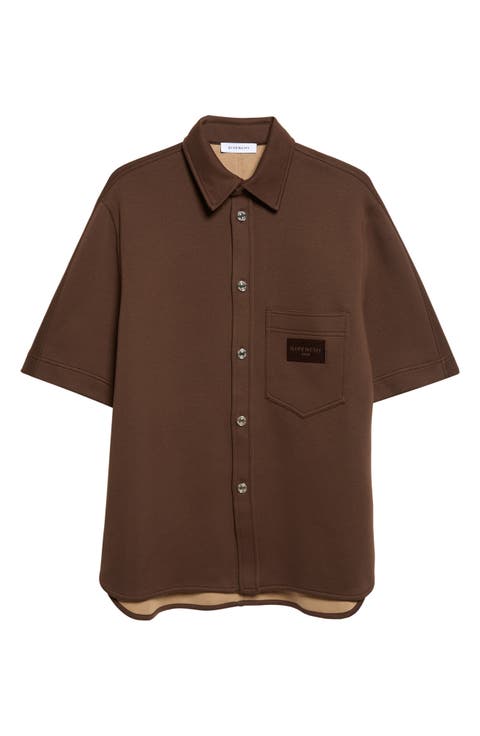Short Sleeve Cotton Blend Scuba Knit Button-Up Shirt