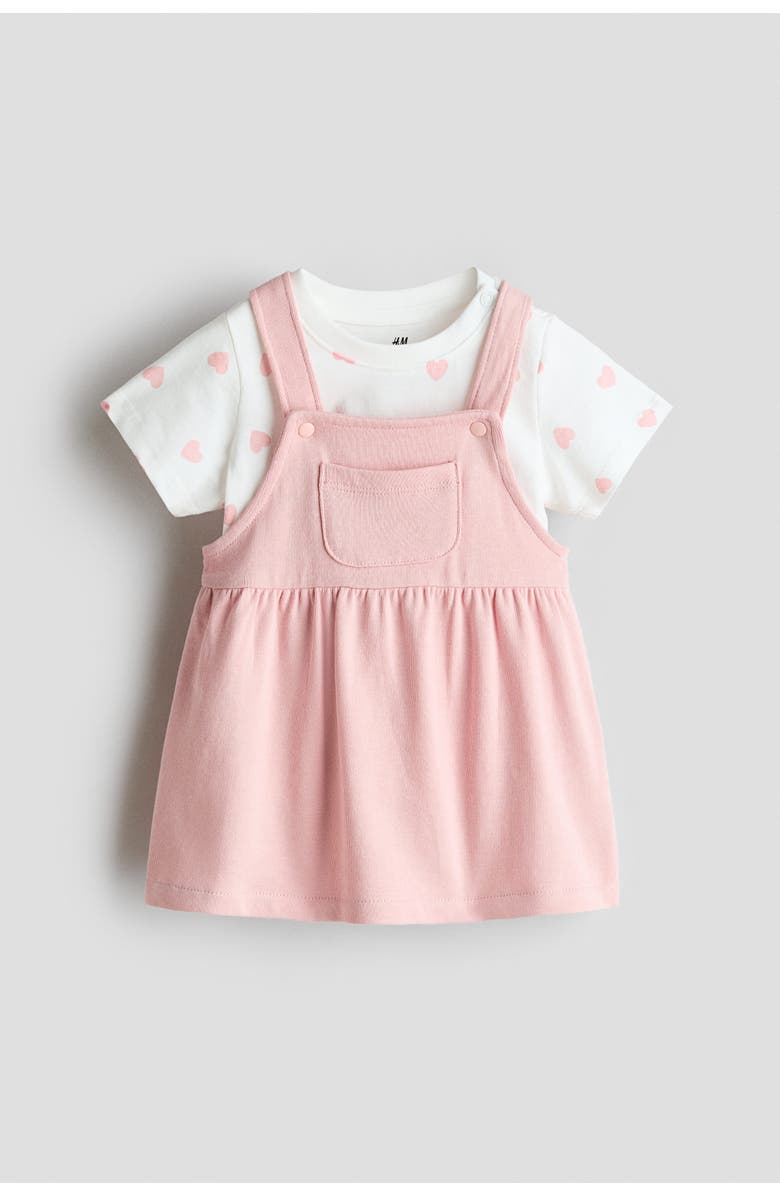 H&M 2-piece Dungaree Dress And Top Set, Main, color, Light Pink/Hearts