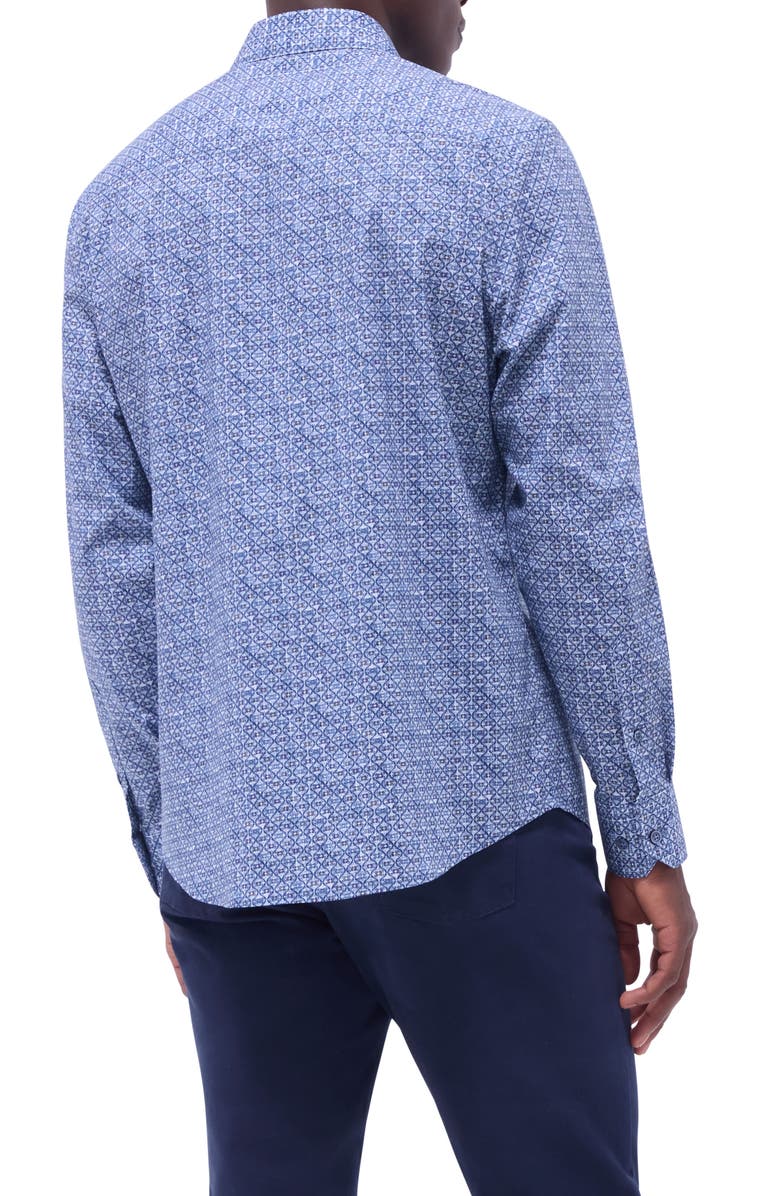 Bugatchi Axel Ogee Print Shaped Fit Stretch Cotton Button-Up Shirt, Alternate, color, Steel