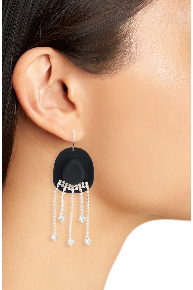Cowboy Hat Crystal Fringe Earrings, Alternate, color, BLACK- SILVER