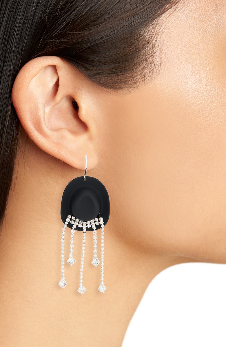 Leith Cowboy Hat Crystal Fringe Earrings, Alternate, color, Black- Silver