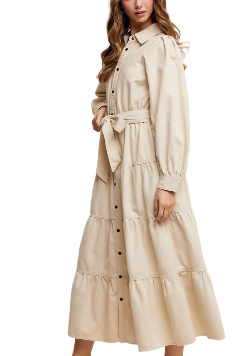 Knit and Lounge Tiered Belted Bishop Sleeve Maxi Shirt Dress, Alternate, color, Beige