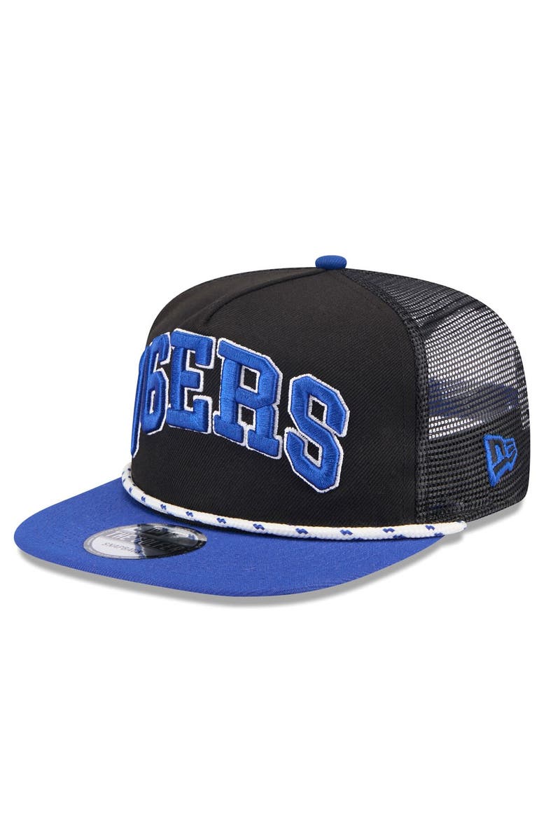 New Era Men's New Era Black/Royal Philadelphia 76ers Throwback Team Arch Golfer Snapback Hat, Alternate, color, Black