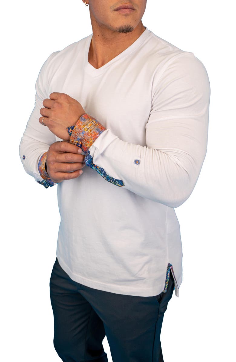 Maceoo Edison White Multi Square V-Neck Long Sleeve T-Shirt, Alternate, color, White Multi
