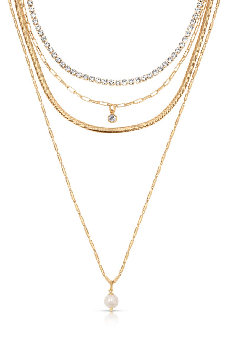Maximalist Layered Crystal & Faux Pearl Necklace, Main, color, GOLD