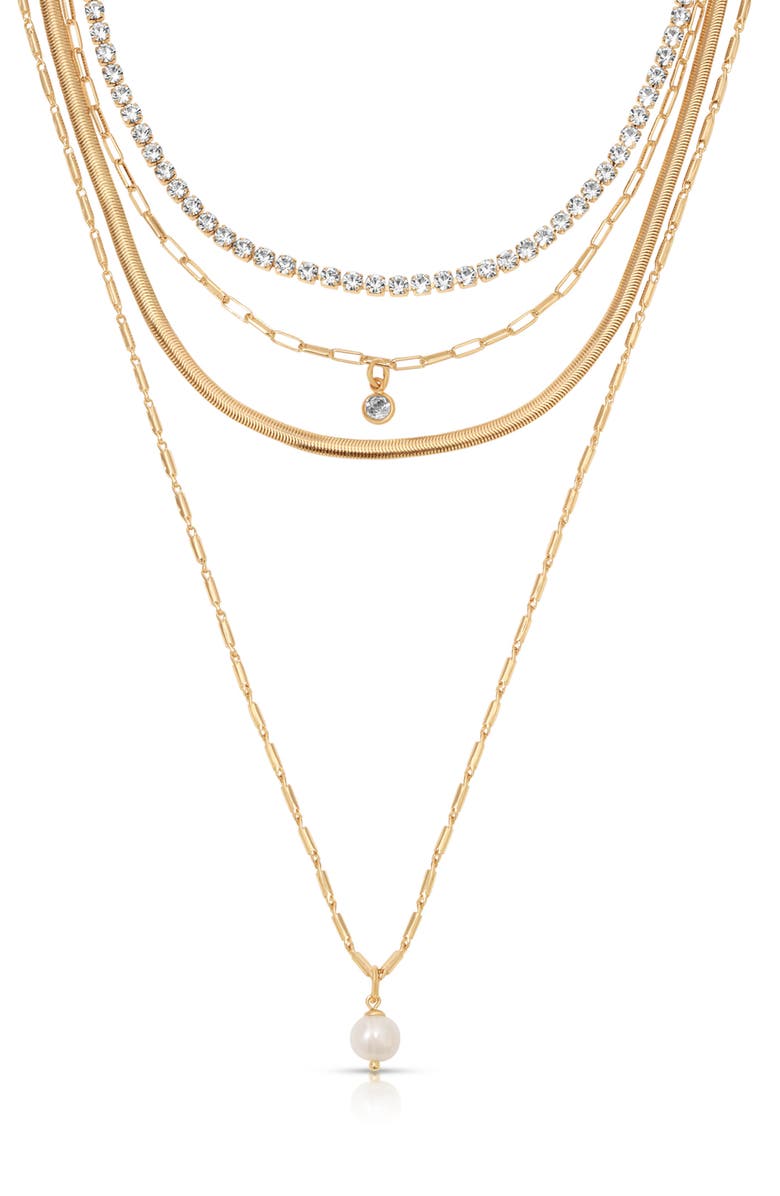 Ettika Maximalist Layered Crystal & Faux Pearl Necklace, Main, color, Gold