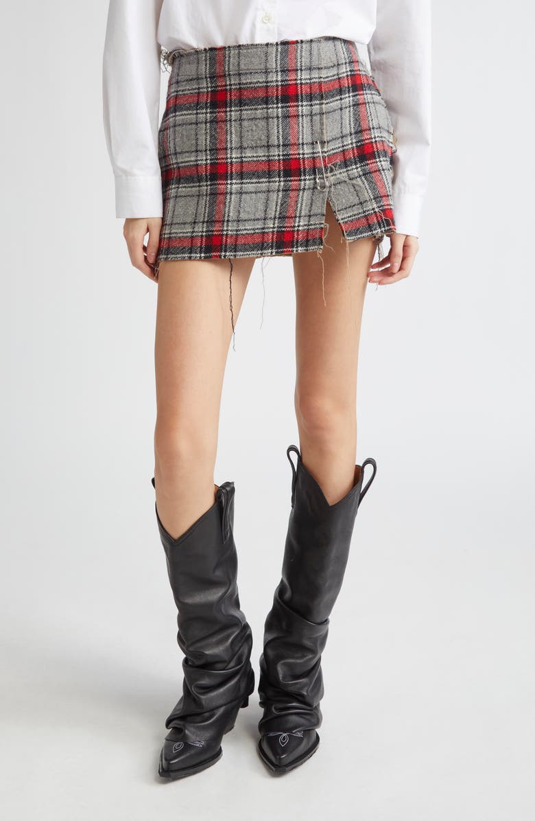R13 Reversible Raw Cut Cotton & Virgin Wool Miniskirt, Main, color, Red/ Grey Plaid