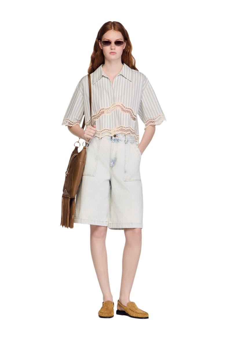 Cropped striped cotton shirt, Alternate, color, Ecru / bleu