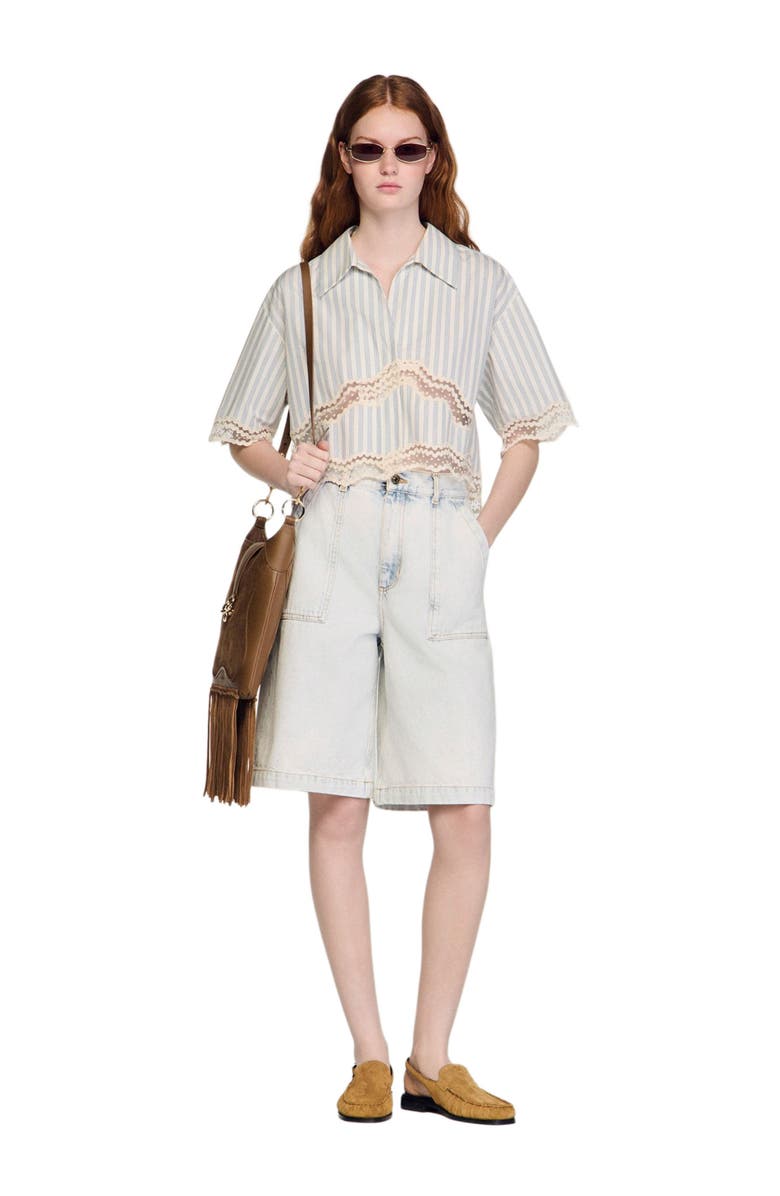 SANDRO Cropped striped cotton shirt, Alternate, color, Ecru / Bleu