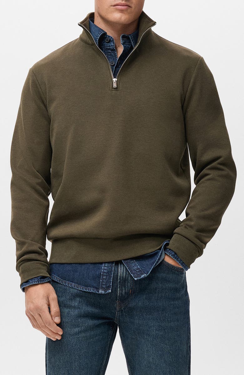 MANGO Quarter Zip Sweatshirt, Main, color, Olive Green
