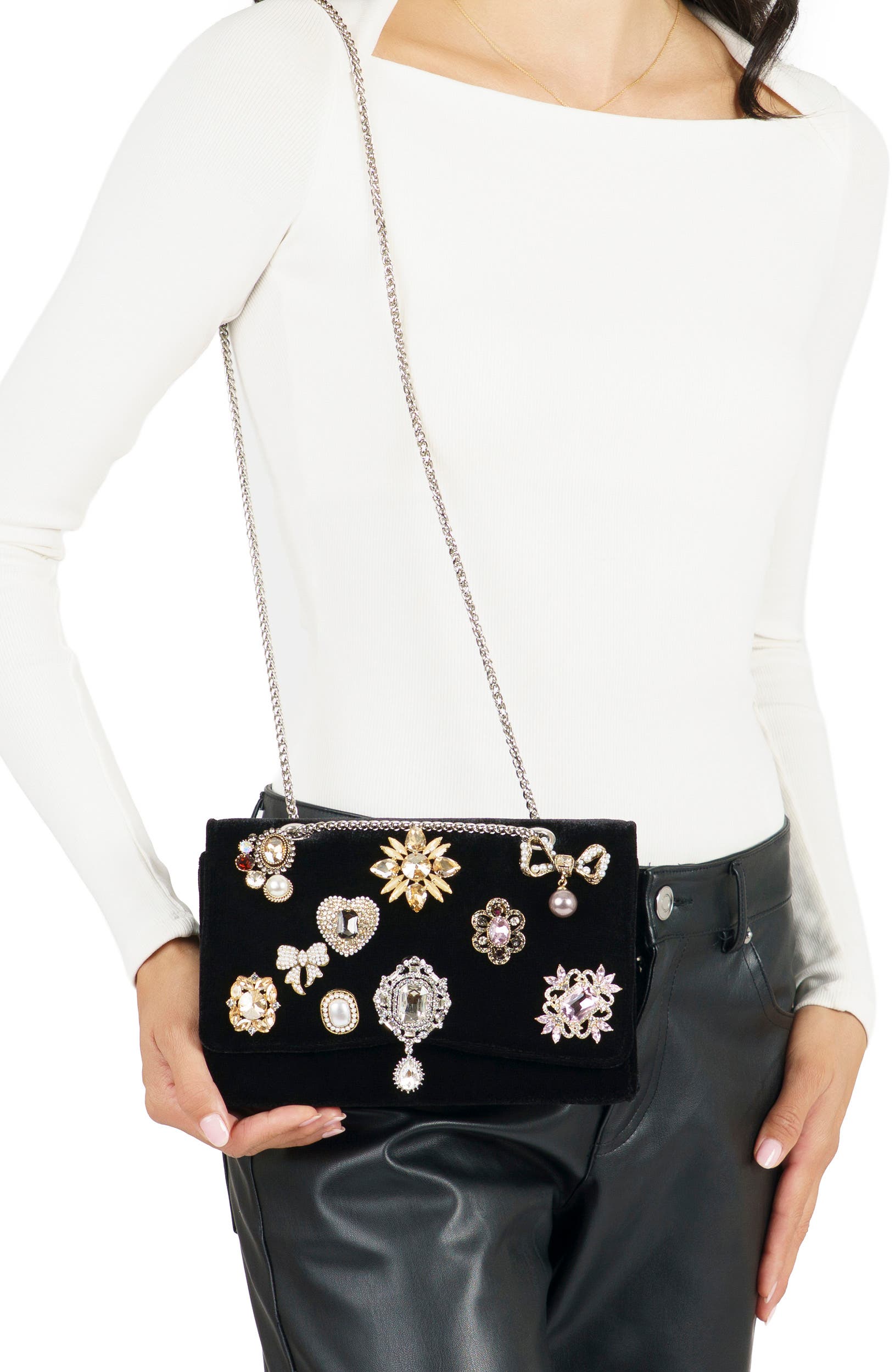 Navi Crystal Brooch Velvet Clutch, Alternate, color, BLACK