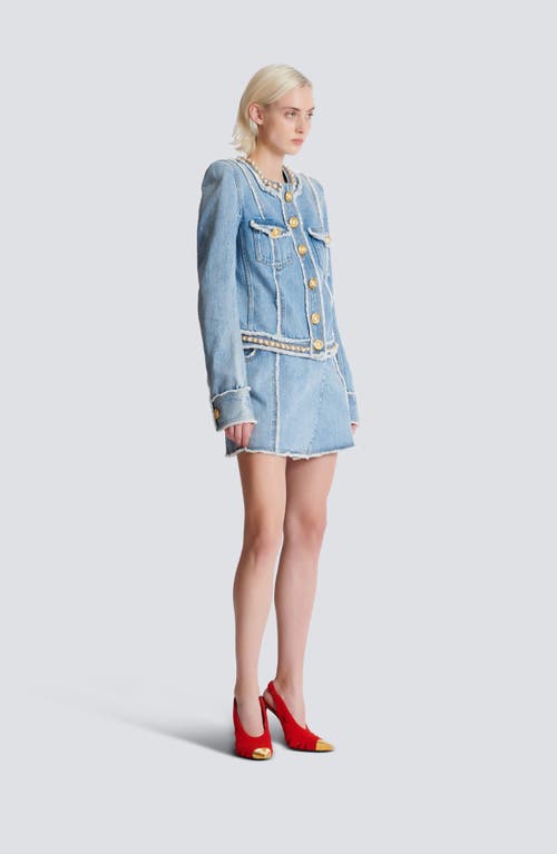 Balmain Faux Pearl-embellished Frayed Denim Jacket