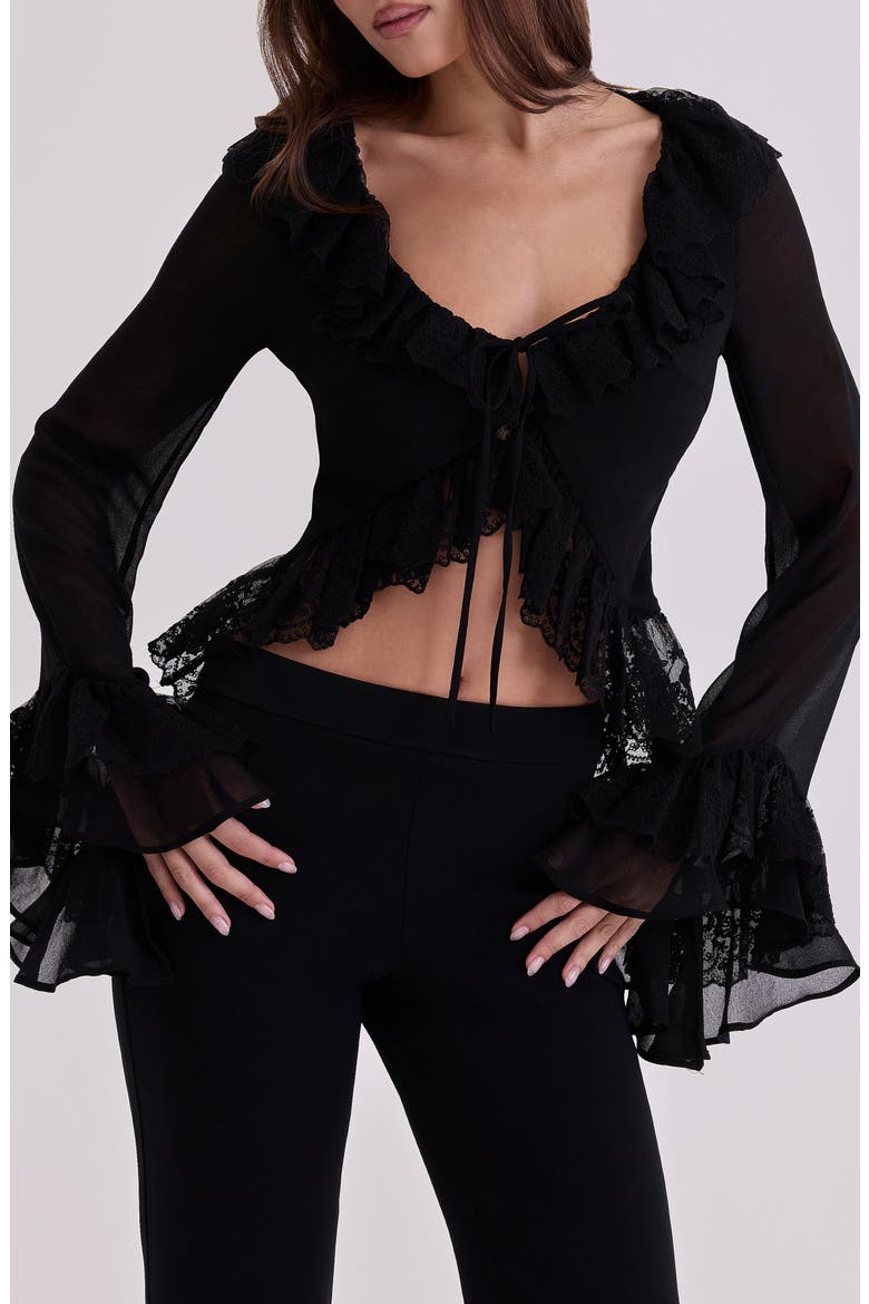 Goya Ruffle Lace Trim Top, Main, color, BLACK