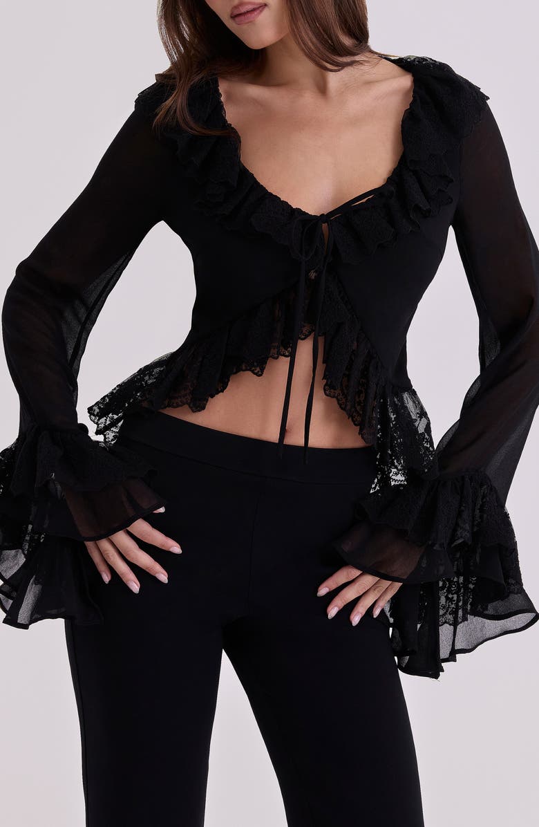 HOUSE OF CB Goya Ruffle Lace Trim Top, Main, color, Black