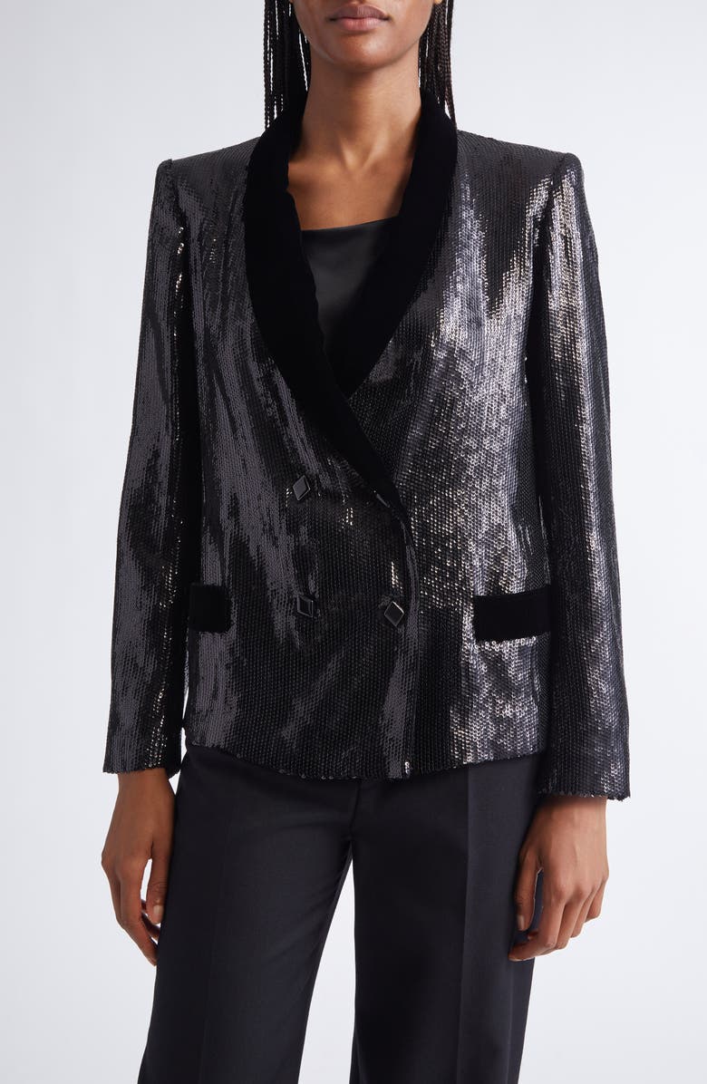 Emporio Armani Sequin Double Breasted Blazer, Main, color, Solid Black
