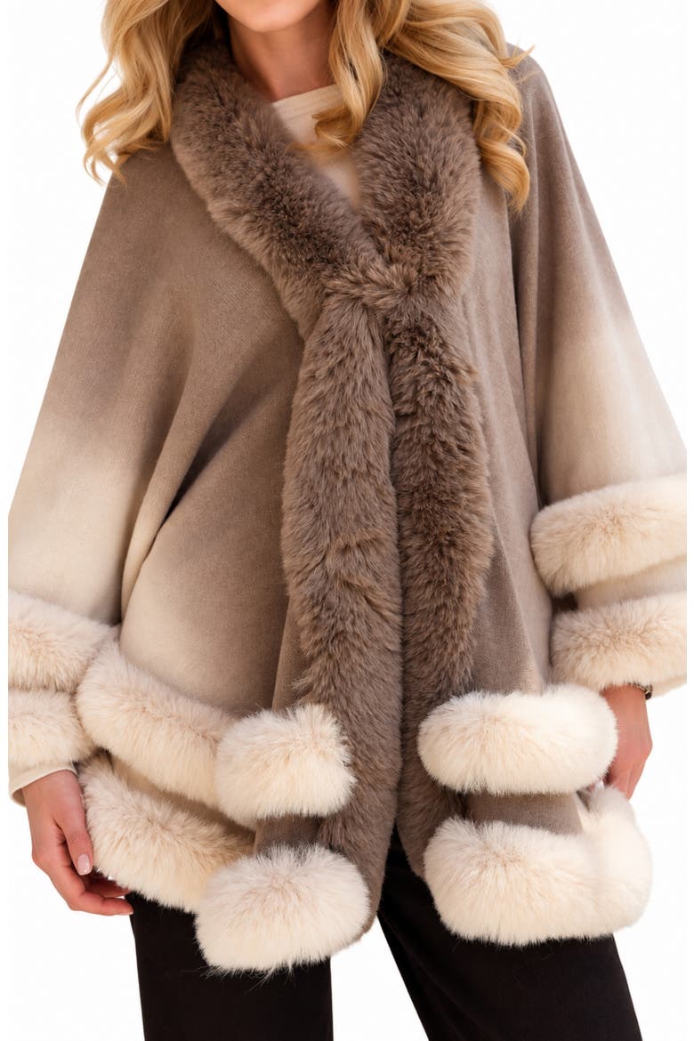 Ombre Faux Fur Trimmed Cape, Alternate, color, LIGHT BROWN