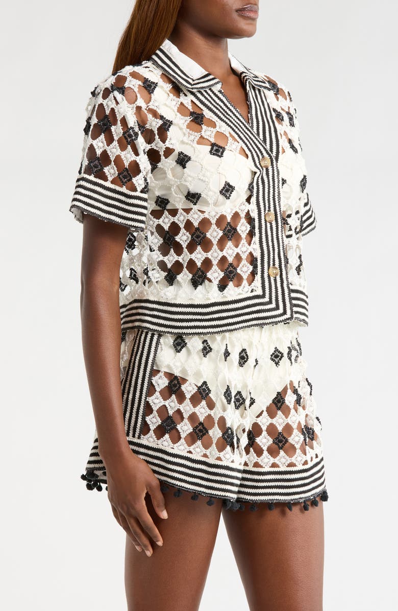 Ramy Brook Betty Crop Open Stitch Cover-Up Shirt, Alternate, color, Black/ Sandstone Crochet