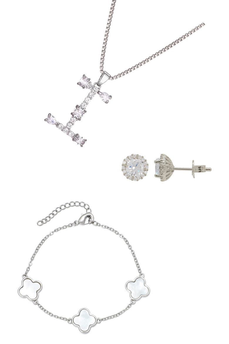 3-Piece Mixed Cubic Zirconia Initial Jewelry Set, Main, color, SILVER-I