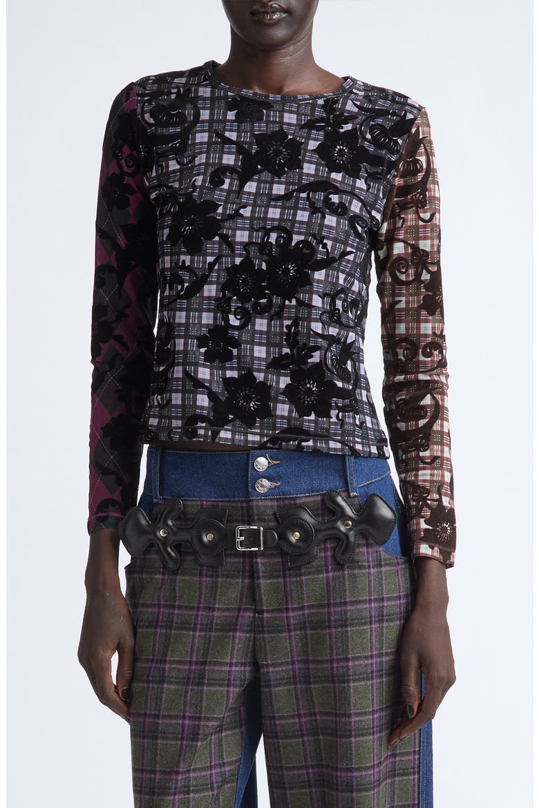 Duchess Flocked Mesh Top, Main, color, BLACK MULTI