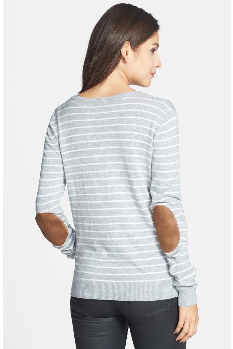 Stripe Elbow Patch V-Neck Sweater, Alternate, color, HEATHER GREY TAWNY STRIPE