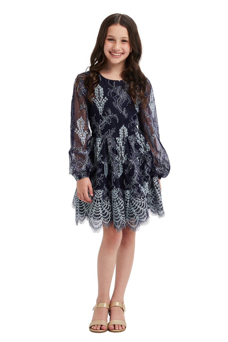 Kids' Sienna Embroidered Long Sleeve Dress, Main, color, BLUE/NAVY