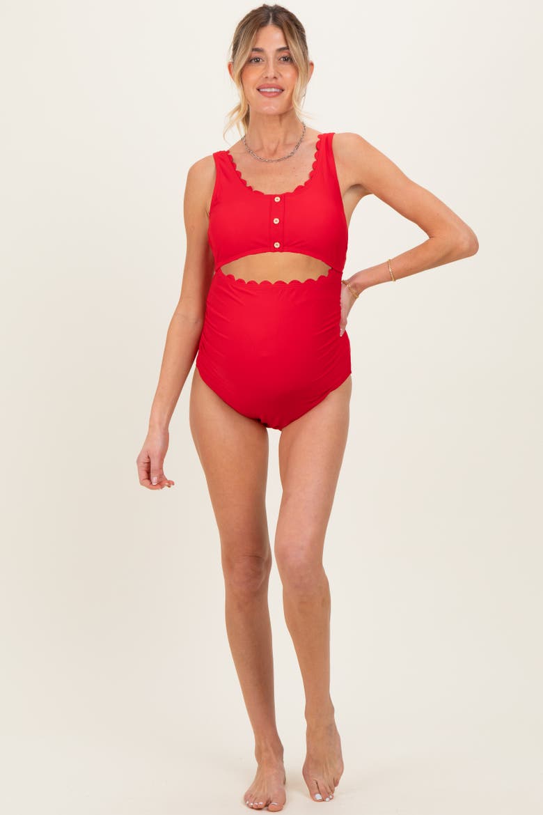 Scalloped Cutout Ruched One Piece Swimsuit, Alternate, color, Red