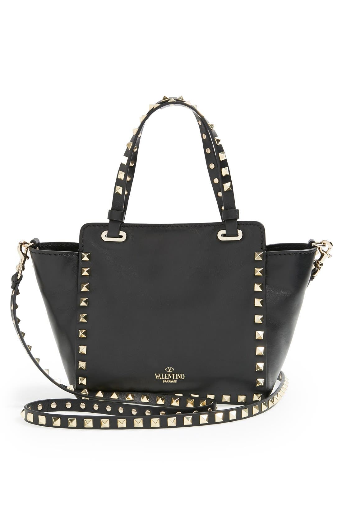 'Micro Mini Rockstud' Leather Tote, Alternate, color, BLACK