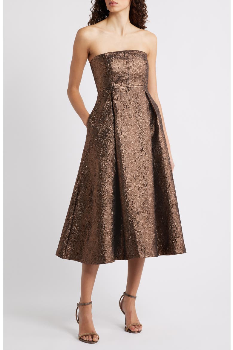 Metallic Strapless Midi Dress, Main, color, COFFEE BEAN