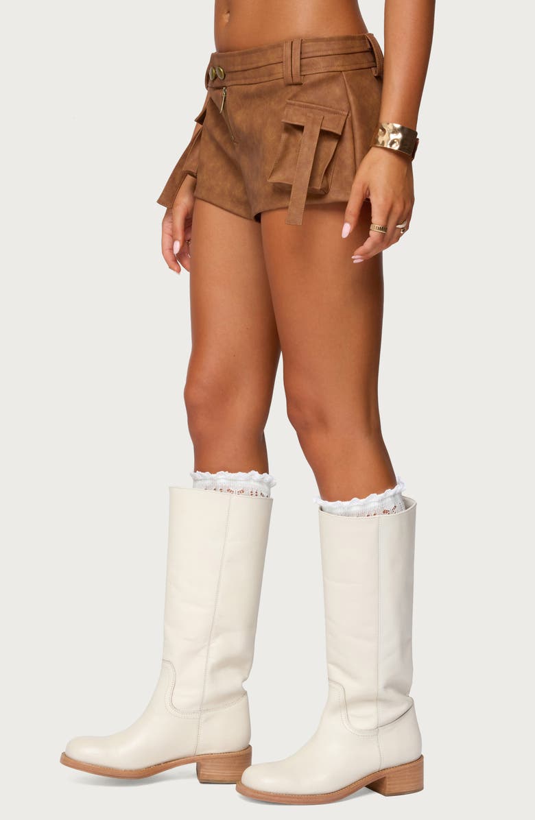 EDIKTED Washed Faux Leather Micro Cargo Shorts, Alternate, color, Tan