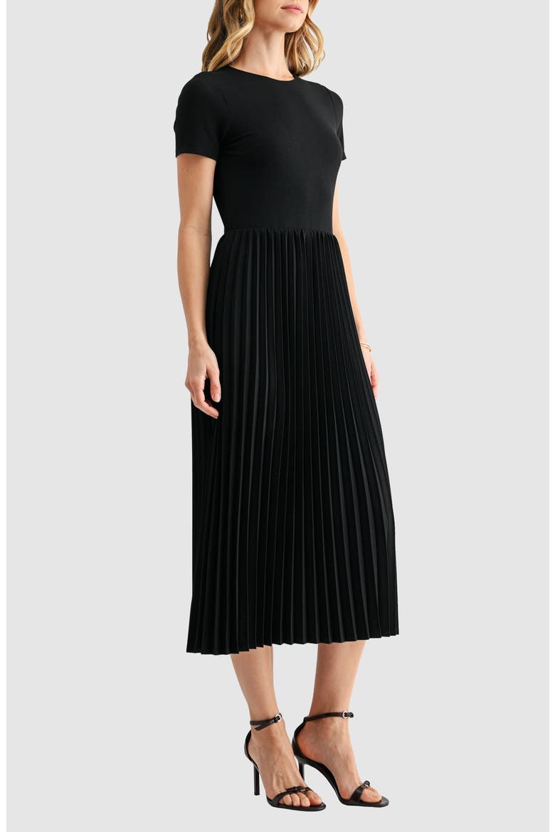 Short Sleeve Pleated Midi Dress, Alternate, color, BLACK