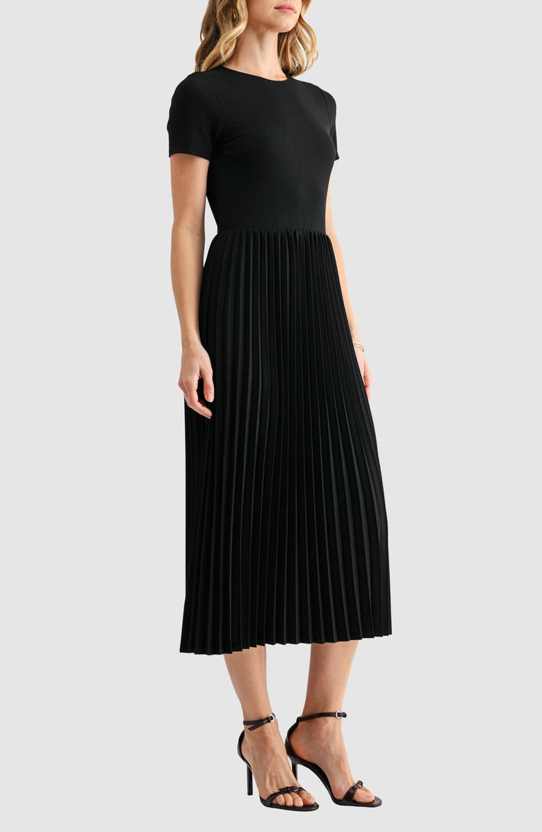 Mila Mae Short Sleeve Pleated Midi Dress, Alternate, color, Black