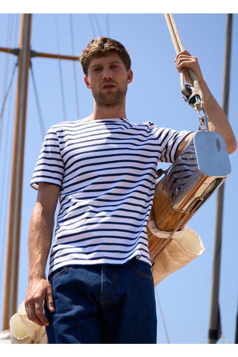 LEVANT MODERN - Breton Stripe Short Sleeve Shirt, Main, color, white/navy