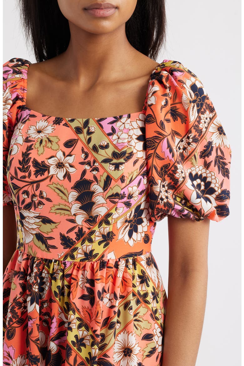Print Square Neck Puff Sleeve Maxi Dress, Alternate, color, CORAL MULTI