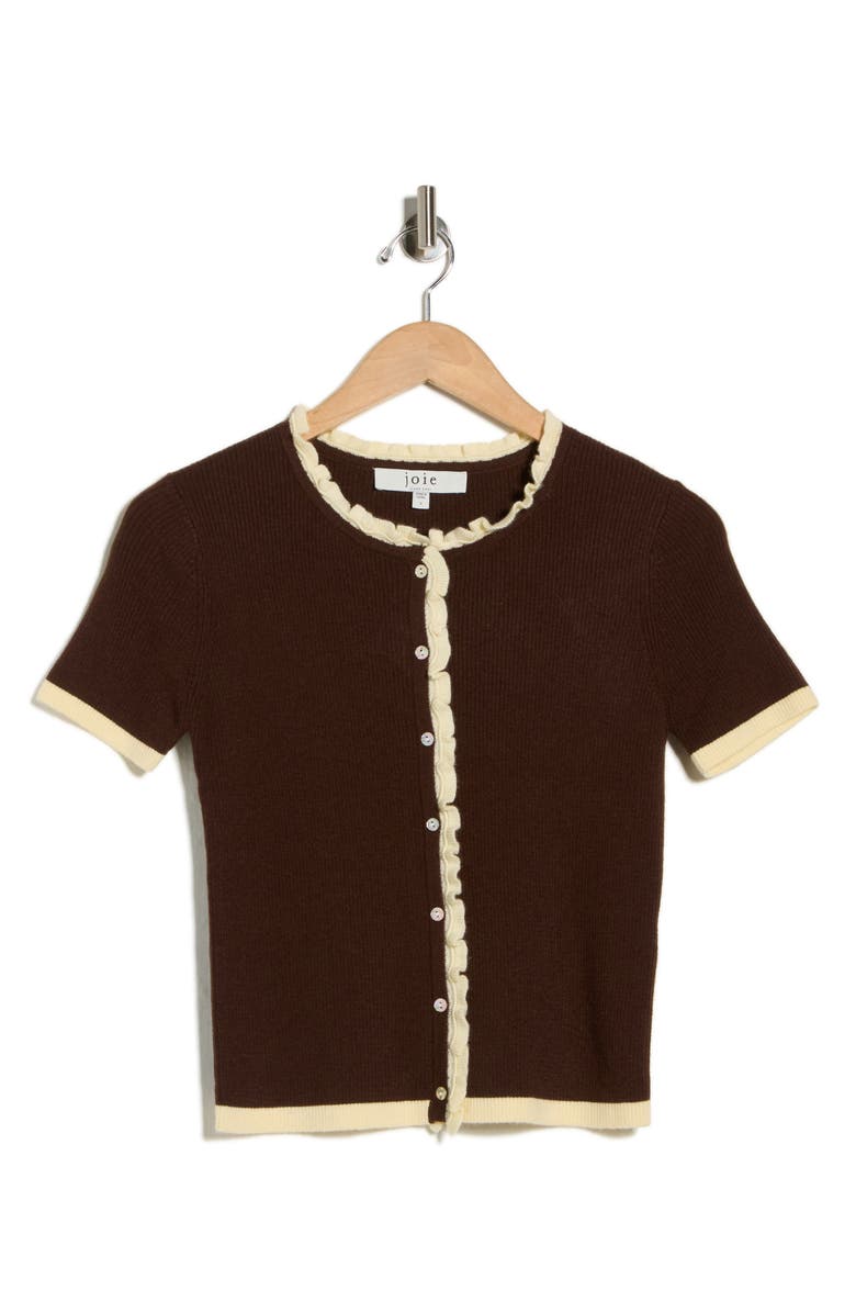Joie Ruffle Short Sleeve Crop Cardigan, Main, color, Chocolate/ Sunny Glade