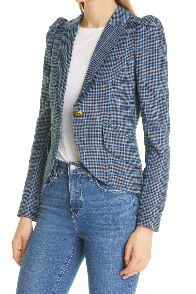 Plaid Puff Sleeve Wool & Linen Blazer, Alternate, color, BLUE GLEN CHECK