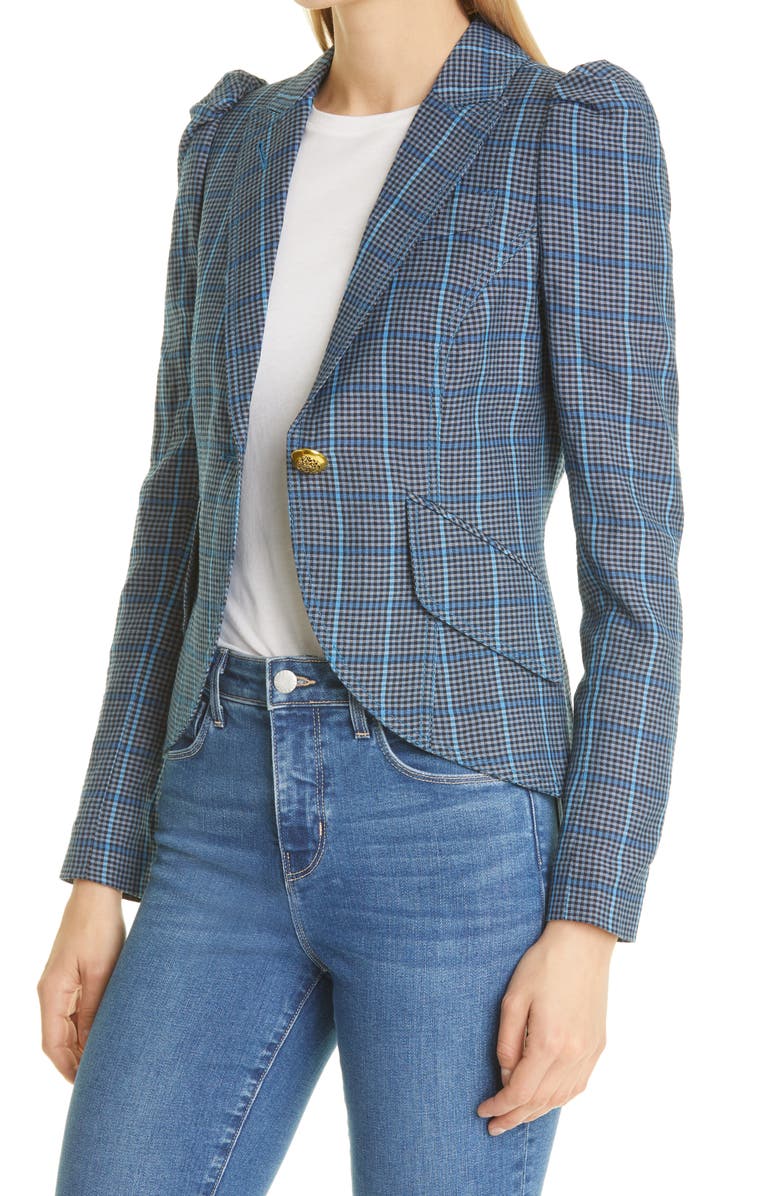 Smythe Plaid Puff Sleeve Wool & Linen Blazer, Alternate, color,
