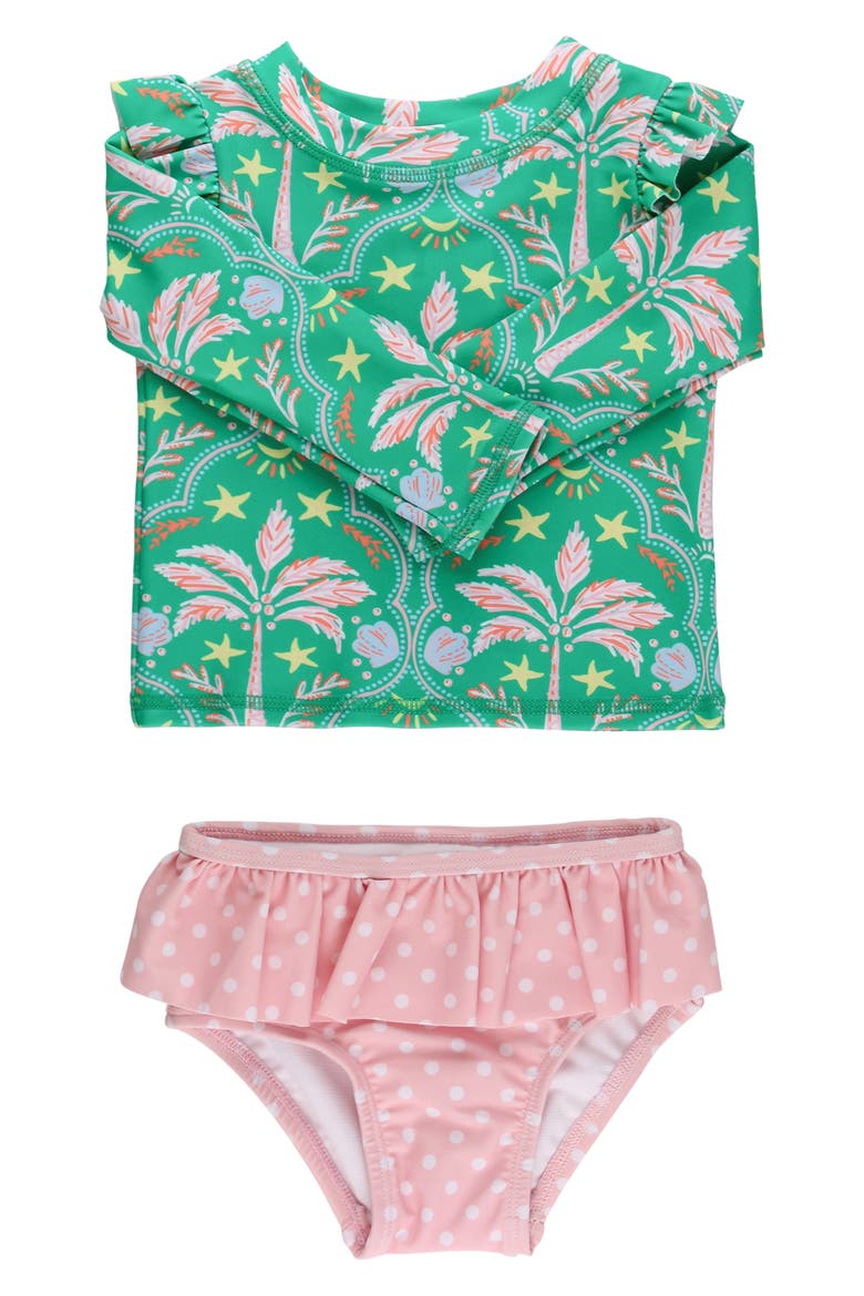 Kids' Coconut Cabana Ruffle Long Sleeve Two-Piece Rashguard Swimsuit, Main, color, GREEN