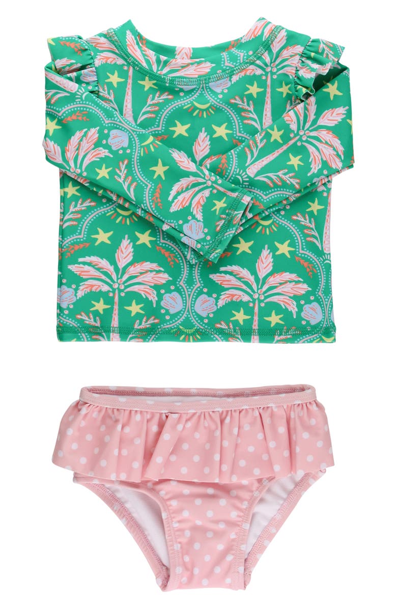 RuffleButts Kids' Coconut Cabana Ruffle Long Sleeve Two-Piece Rashguard Swimsuit, Main, color, Green