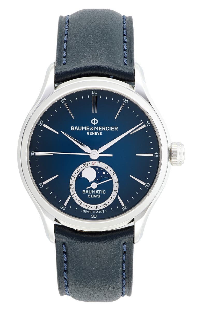 Baume & Mercier Clifton Baumatic Moon Phase Leather Strap Watch, 39mm, Main, color,