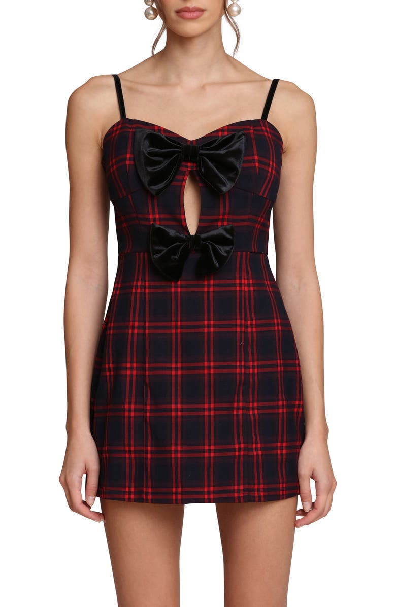 Avec Les Filles Double Bow Keyhole Minidress, Alternate, color, Red Plaid