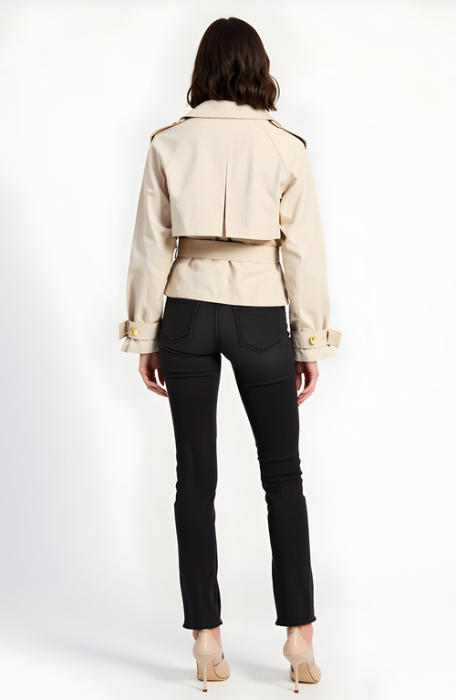 Modenaire Cropped Double-breasted Trench Jacket With Waist Tie In Neutral
