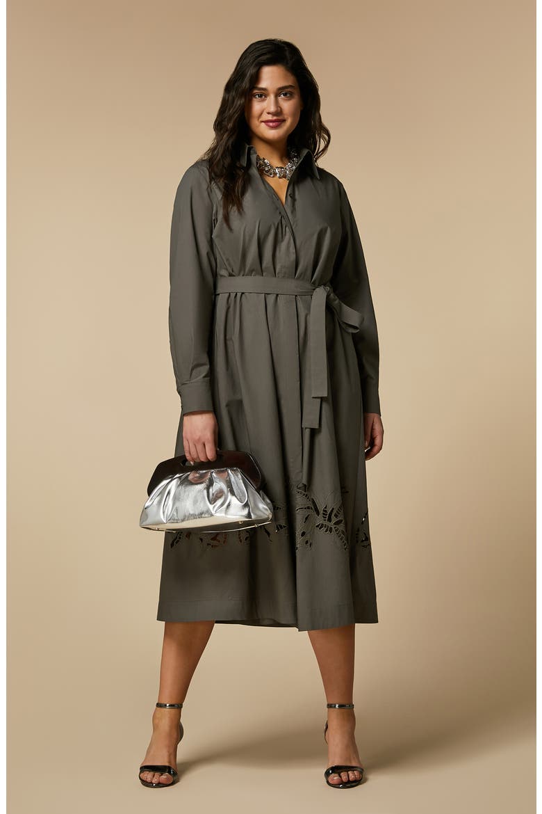 Embroidered Belted Long Sleeve Cotton Poplin Shirtdress, Alternate, color, KHAKI